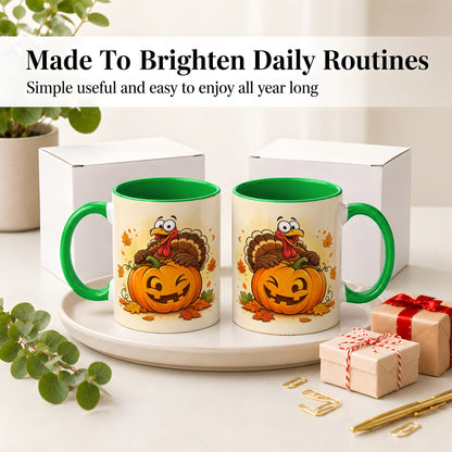 #pl[11oz|Green] Turkey Pumpkin Accent Mug, Ceramic Mug with Jack-O-Lantern Artwork