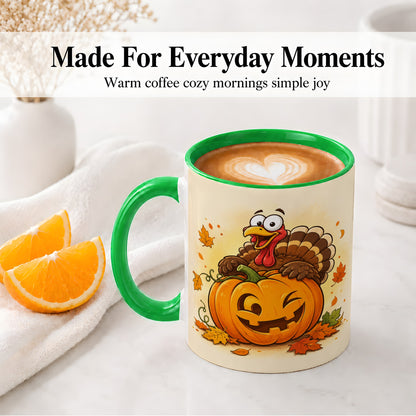 #pl[11oz|Green] Turkey Pumpkin Accent Mug, Ceramic Mug with Jack-O-Lantern Artwork