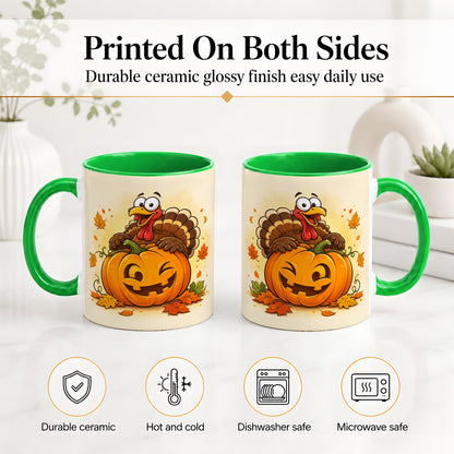 #pl[11oz|Green] Turkey Pumpkin Accent Mug, Ceramic Mug with Jack-O-Lantern Artwork