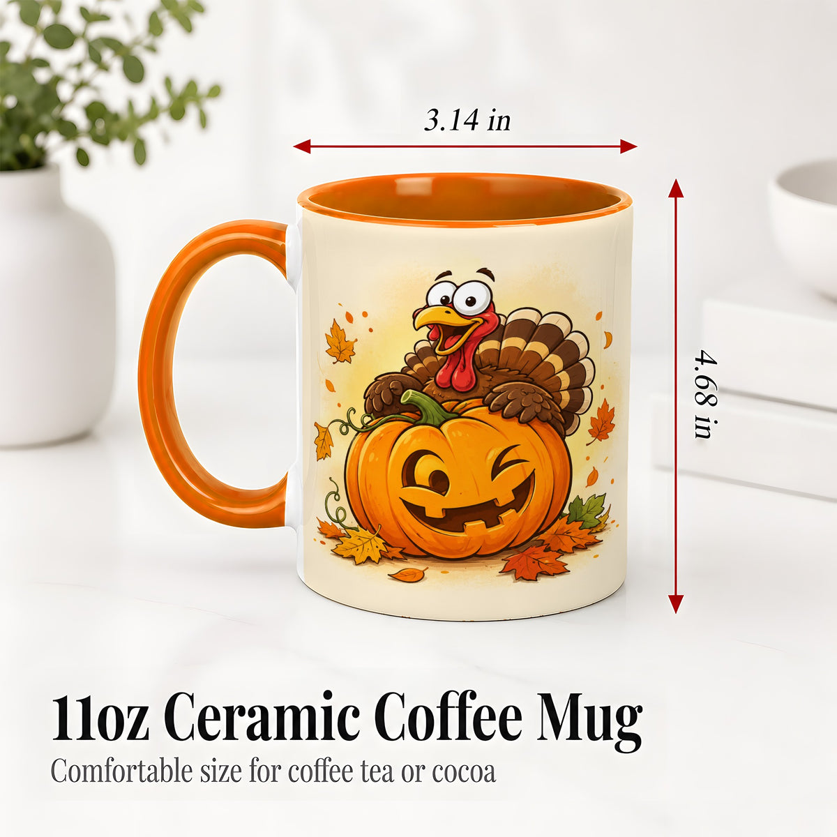 #pl[11oz|Orange] Turkey Pumpkin Accent Mug, Ceramic Mug with Jack-O-Lantern Artwork