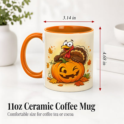 #pl[11oz|Orange] Turkey Pumpkin Accent Mug, Ceramic Mug with Jack-O-Lantern Artwork