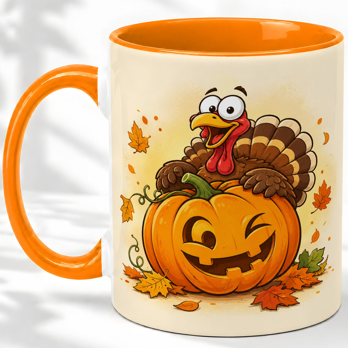 #pl[11oz|Orange] Turkey Pumpkin Accent Mug, Ceramic Mug with Jack-O-Lantern Artwork
