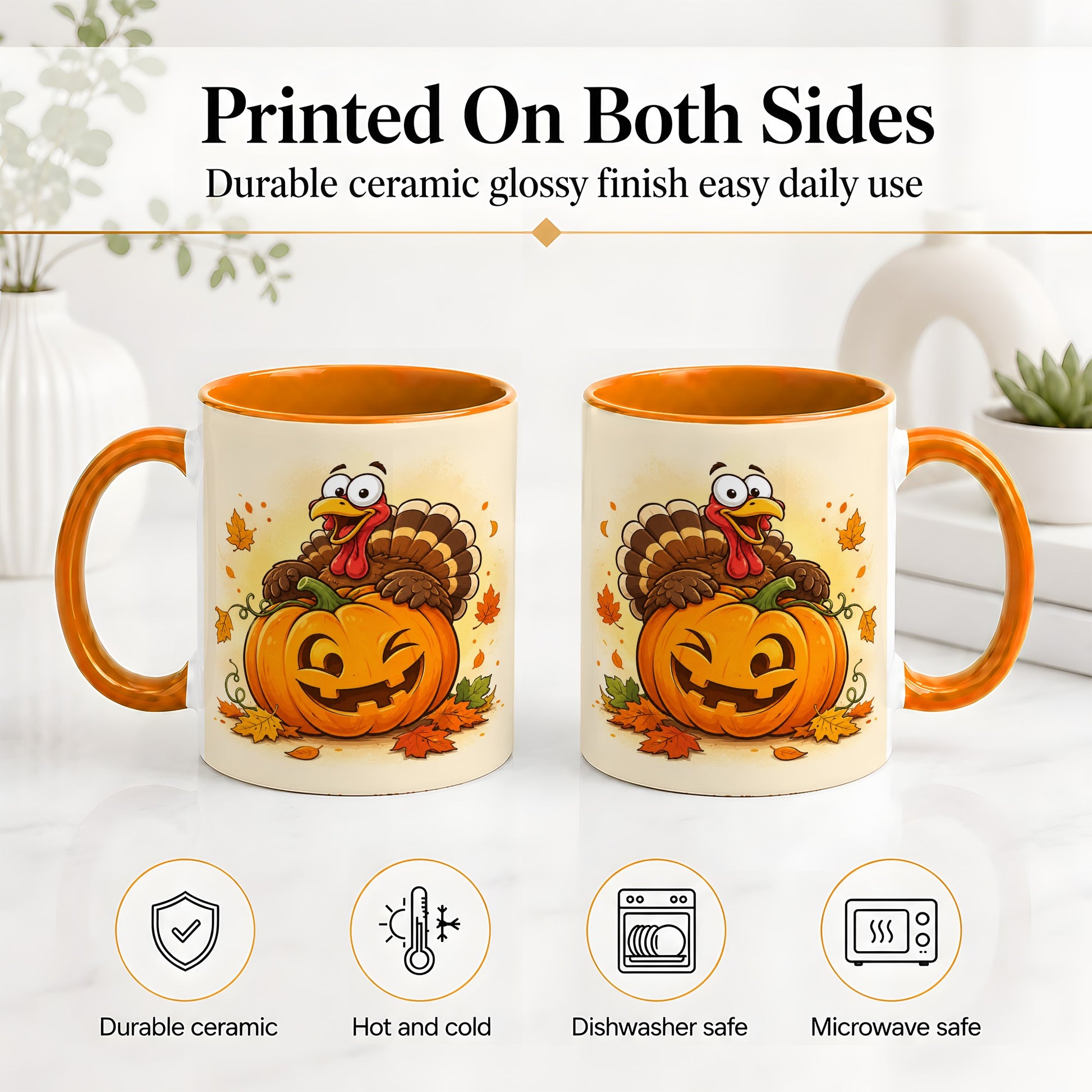 #pl[11oz|Orange] Turkey Pumpkin Accent Mug, Ceramic Mug with Jack-O-Lantern Artwork