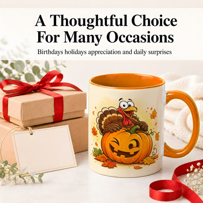 #pl[11oz|Orange] Turkey Pumpkin Accent Mug, Ceramic Mug with Jack-O-Lantern Artwork