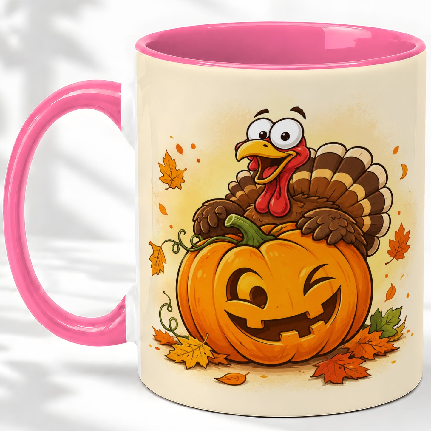 #pl[11oz|Pink] Turkey Pumpkin Accent Mug, Ceramic Mug with Jack-O-Lantern Artwork