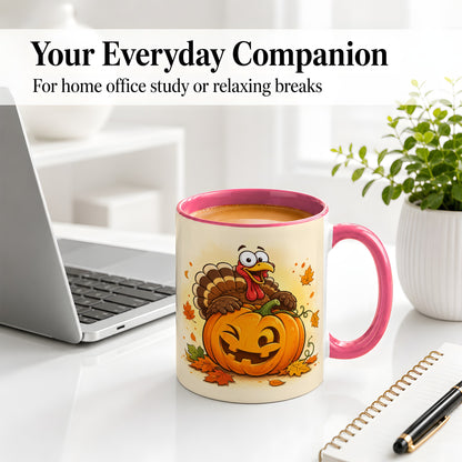 #pl[11oz|Pink] Turkey Pumpkin Accent Mug, Ceramic Mug with Jack-O-Lantern Artwork