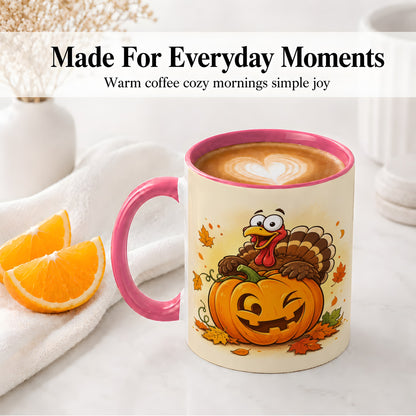 #pl[11oz|Pink] Turkey Pumpkin Accent Mug, Ceramic Mug with Jack-O-Lantern Artwork