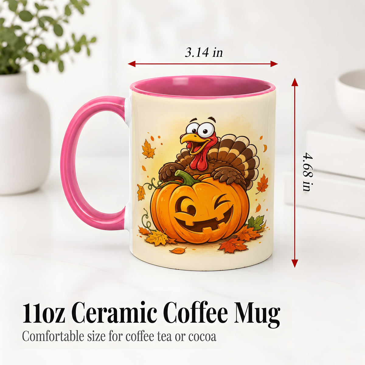 #pl[11oz|Pink] Turkey Pumpkin Accent Mug, Ceramic Mug with Jack-O-Lantern Artwork
