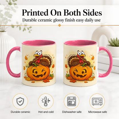 #pl[11oz|Pink] Turkey Pumpkin Accent Mug, Ceramic Mug with Jack-O-Lantern Artwork