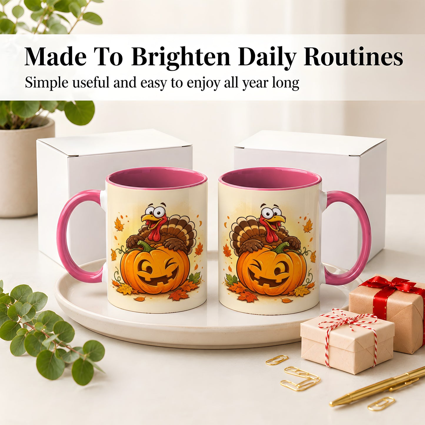 #pl[11oz|Pink] Turkey Pumpkin Accent Mug, Ceramic Mug with Jack-O-Lantern Artwork