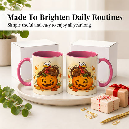 #pl[11oz|Pink] Turkey Pumpkin Accent Mug, Ceramic Mug with Jack-O-Lantern Artwork