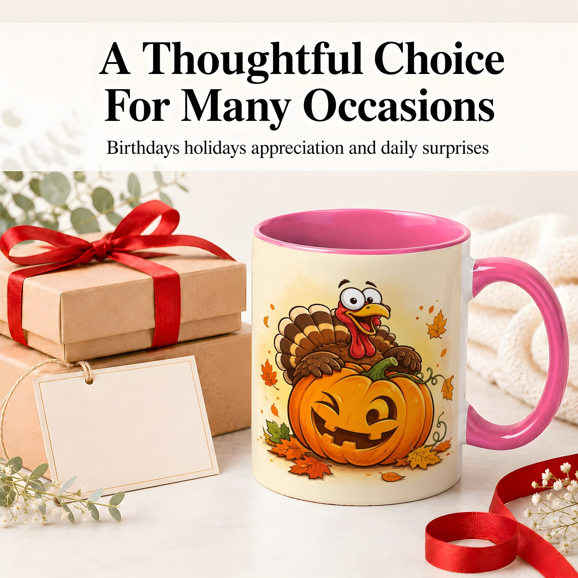 #pl[11oz|Pink] Turkey Pumpkin Accent Mug, Ceramic Mug with Jack-O-Lantern Artwork