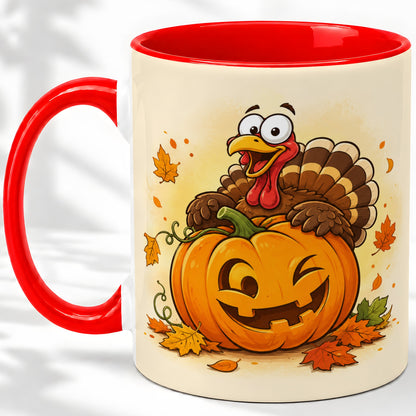Turkey Pumpkin Accent Mug, Ceramic Mug with Jack-O-Lantern Artwork