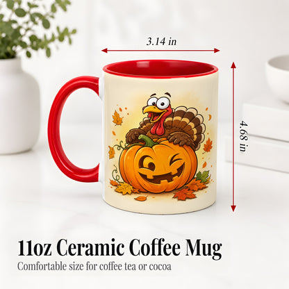 #pl[11oz|Red] Turkey Pumpkin Accent Mug, Ceramic Mug with Jack-O-Lantern Artwork