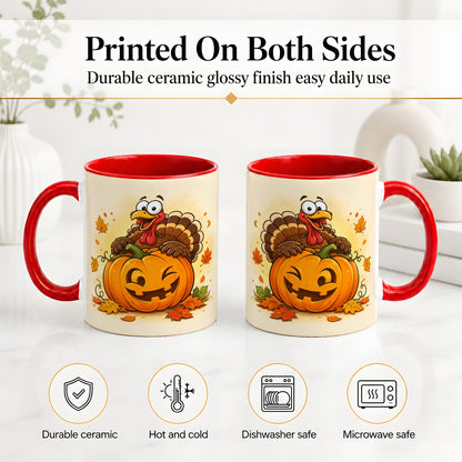 #pl[11oz|Red] Turkey Pumpkin Accent Mug, Ceramic Mug with Jack-O-Lantern Artwork