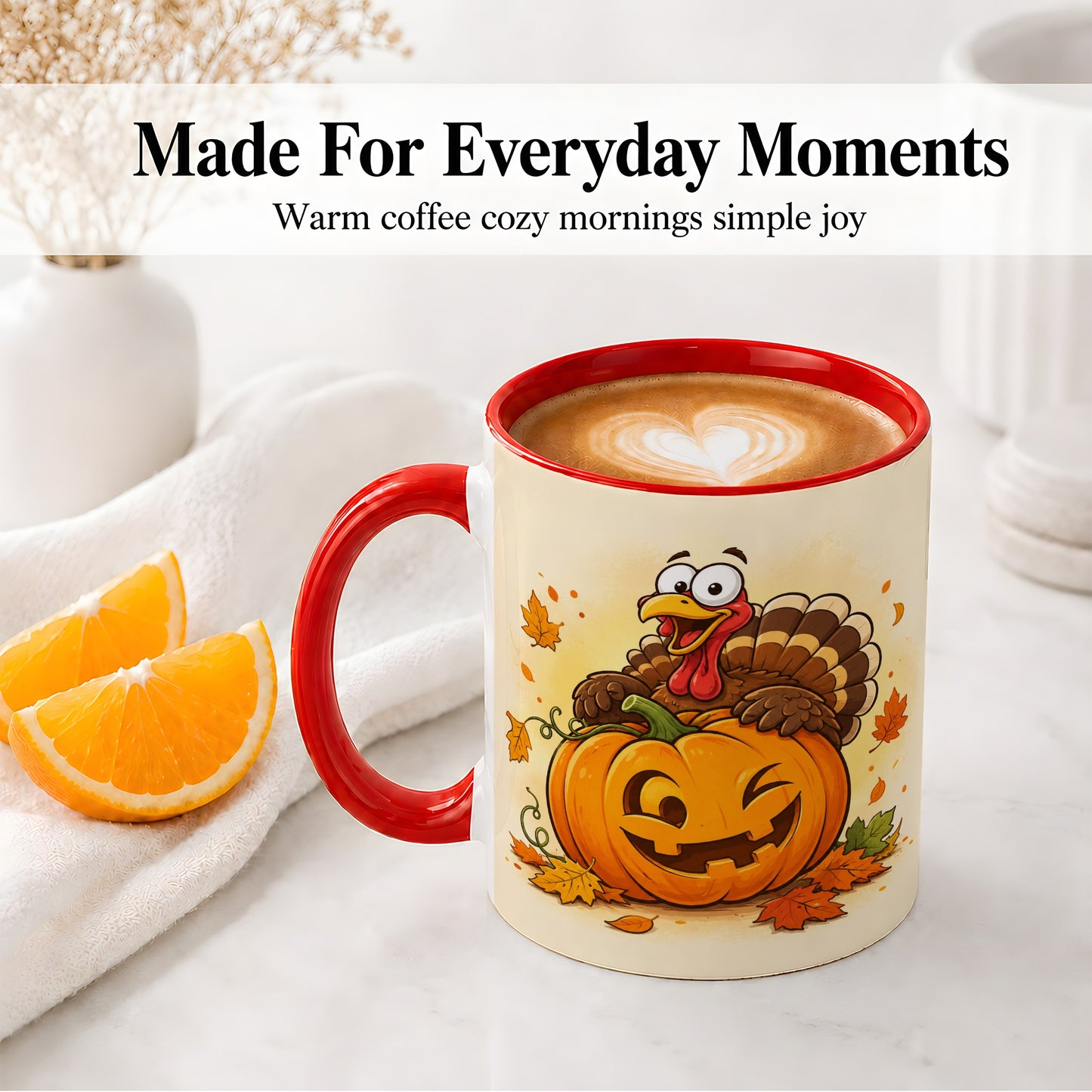 #pl[11oz|Red] Turkey Pumpkin Accent Mug, Ceramic Mug with Jack-O-Lantern Artwork