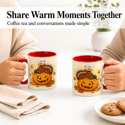 #pl[11oz|Red] Turkey Pumpkin Accent Mug, Ceramic Mug with Jack-O-Lantern Artwork