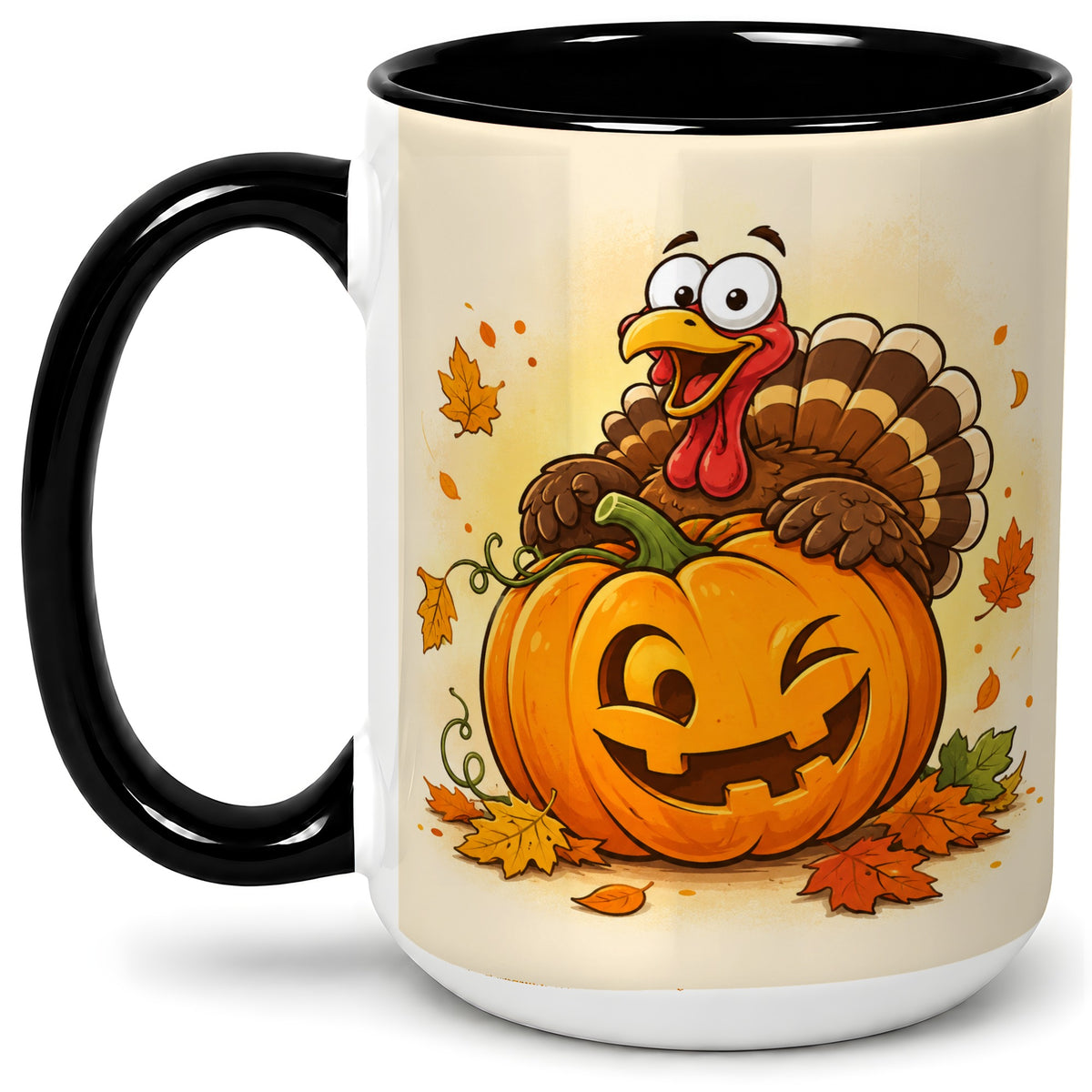 #pl[15oz|Black] Turkey Pumpkin Accent Mug, Ceramic Mug with Jack-O-Lantern Artwork