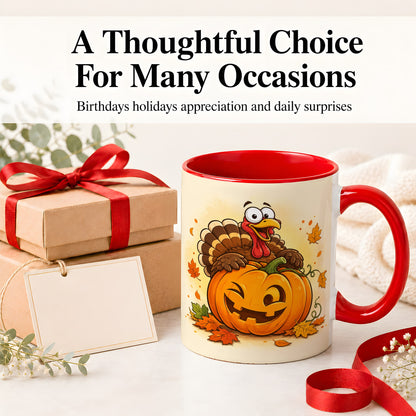 #pl[11oz|Red] Turkey Pumpkin Accent Mug, Ceramic Mug with Jack-O-Lantern Artwork