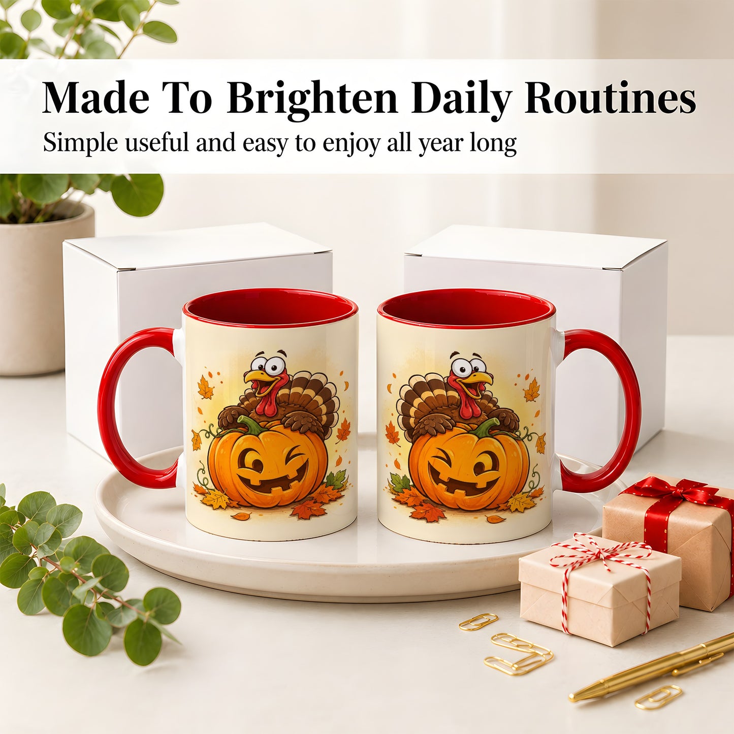 #pl[11oz|Red] Turkey Pumpkin Accent Mug, Ceramic Mug with Jack-O-Lantern Artwork