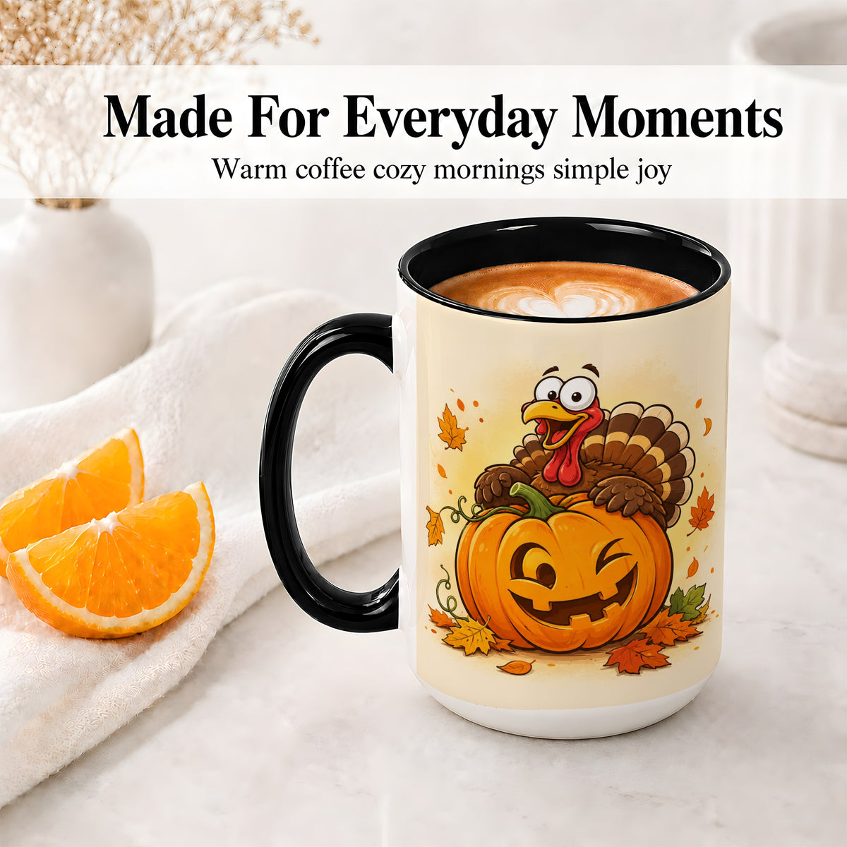 #pl[15oz|Black] Turkey Pumpkin Accent Mug, Ceramic Mug with Jack-O-Lantern Artwork