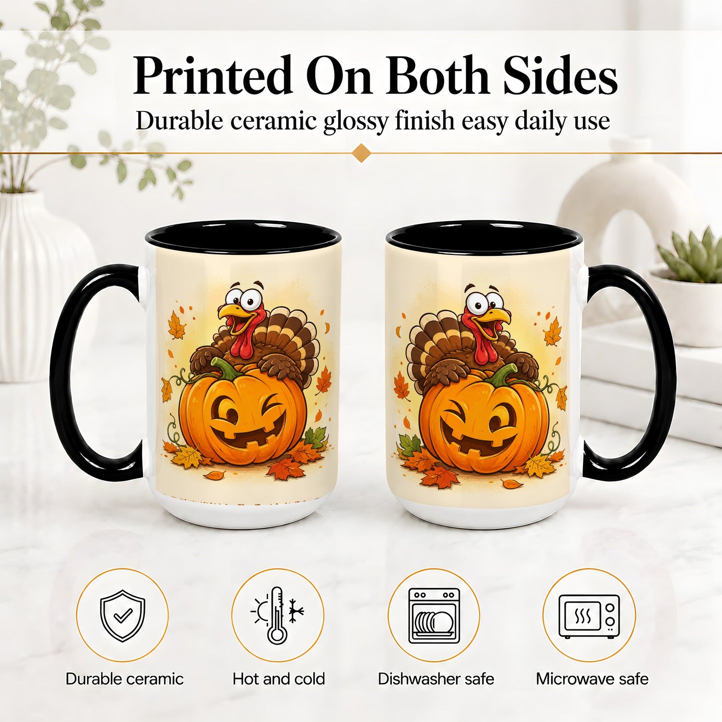 #pl[15oz|Black] Turkey Pumpkin Accent Mug, Ceramic Mug with Jack-O-Lantern Artwork