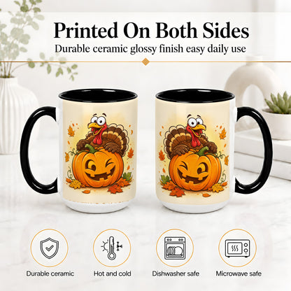 #pl[15oz|Black] Turkey Pumpkin Accent Mug, Ceramic Mug with Jack-O-Lantern Artwork