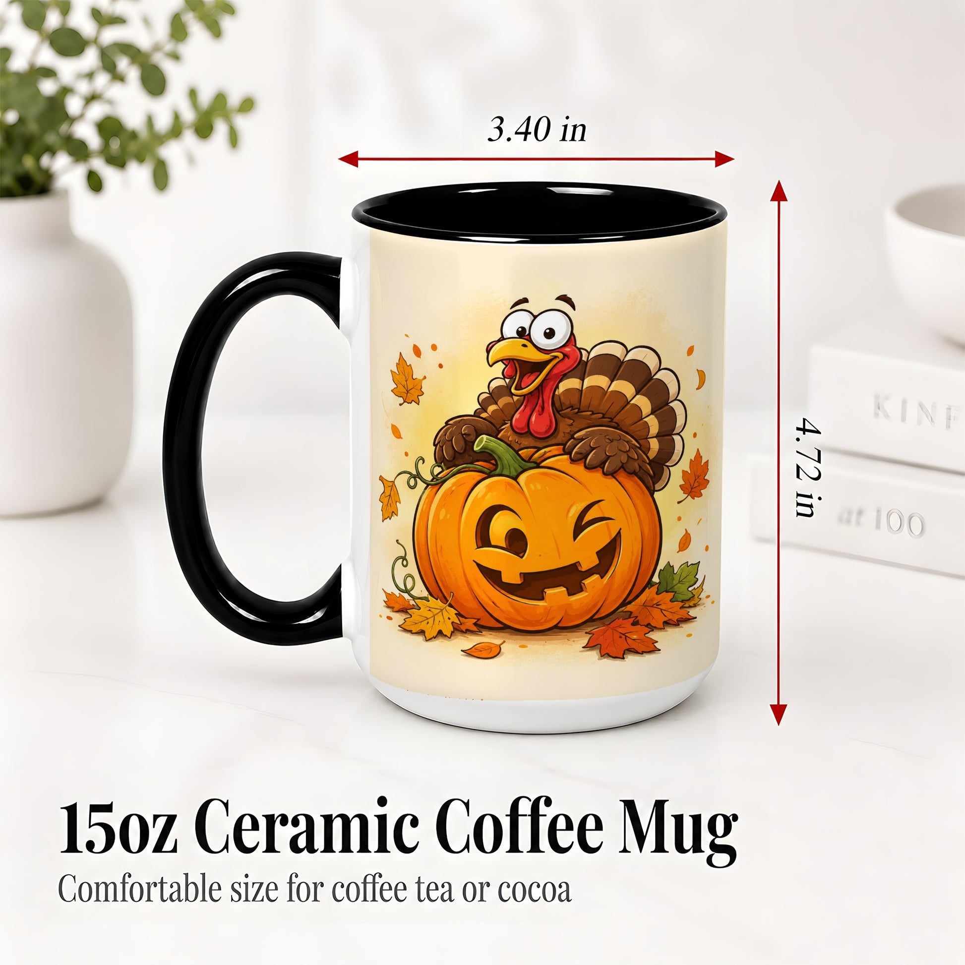 #pl[15oz|Black] Turkey Pumpkin Accent Mug, Ceramic Mug with Jack-O-Lantern Artwork