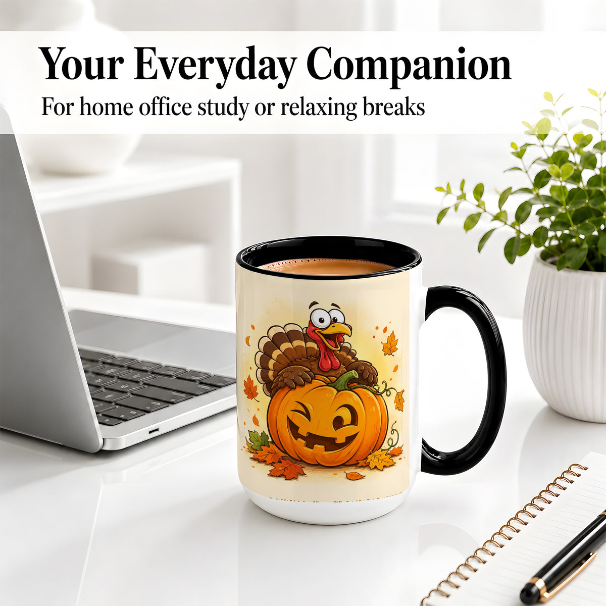 #pl[15oz|Black] Turkey Pumpkin Accent Mug, Ceramic Mug with Jack-O-Lantern Artwork
