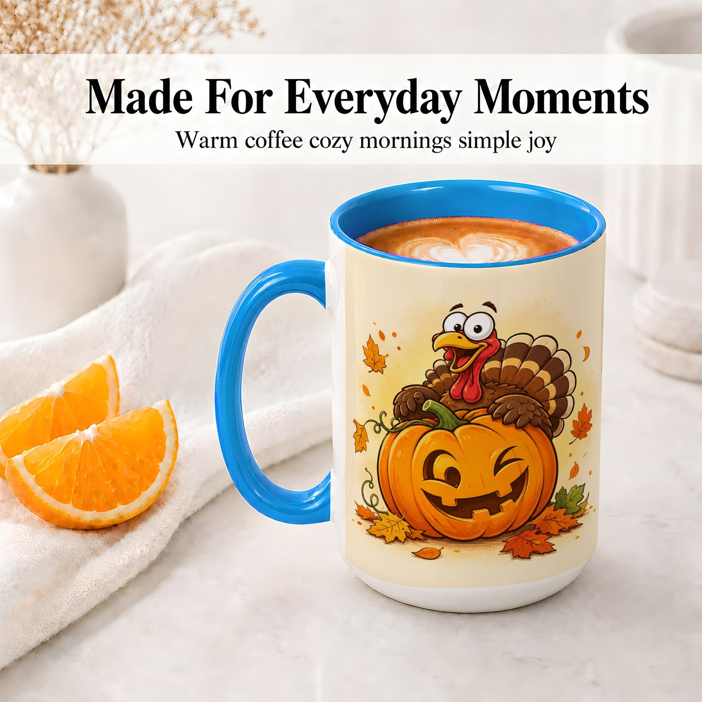 #pl[15oz|Blue] Turkey Pumpkin Accent Mug, Ceramic Mug with Jack-O-Lantern Artwork