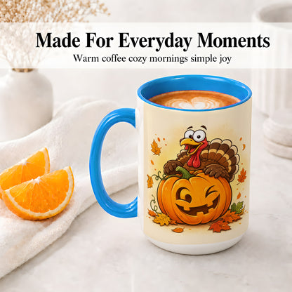 #pl[15oz|Blue] Turkey Pumpkin Accent Mug, Ceramic Mug with Jack-O-Lantern Artwork
