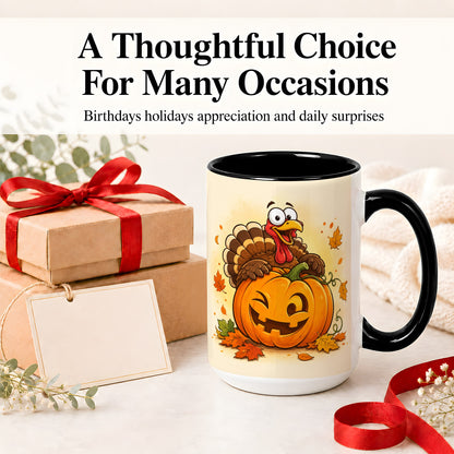#pl[15oz|Black] Turkey Pumpkin Accent Mug, Ceramic Mug with Jack-O-Lantern Artwork