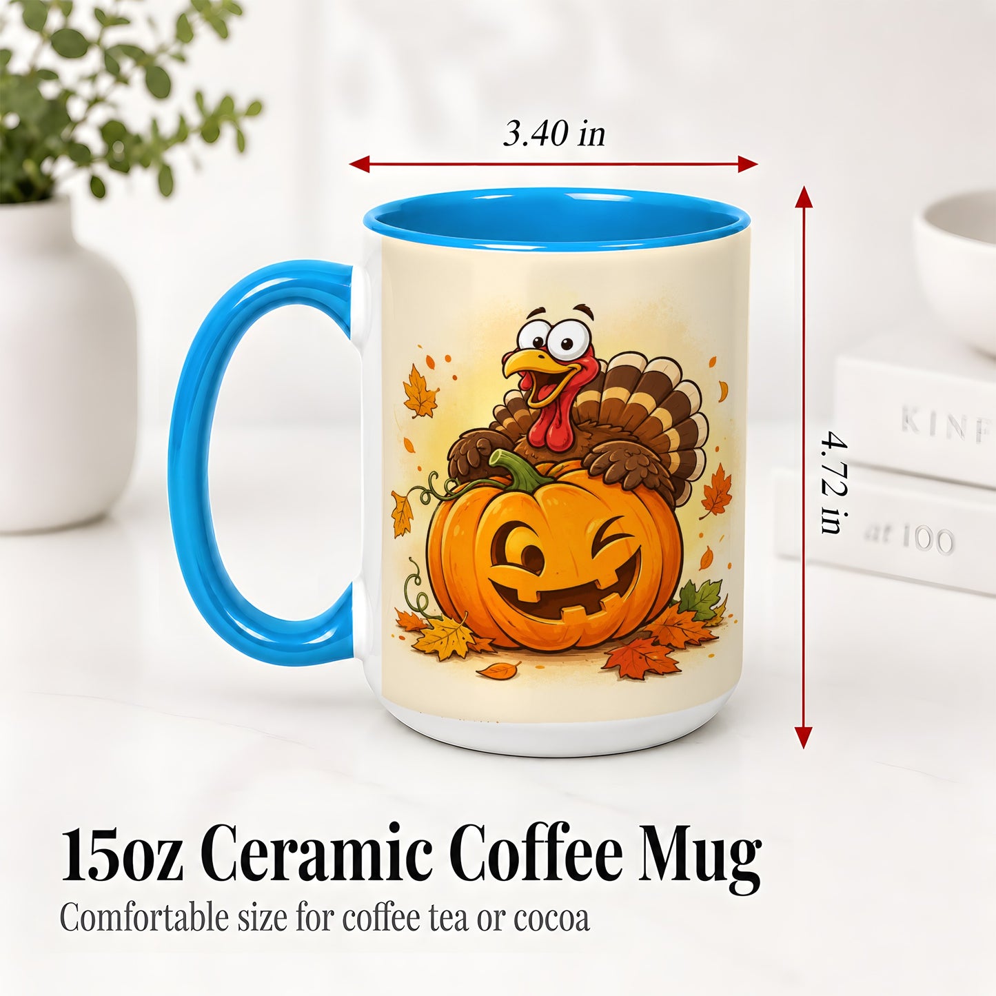 #pl[15oz|Blue] Turkey Pumpkin Accent Mug, Ceramic Mug with Jack-O-Lantern Artwork