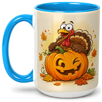 #pl[15oz|Blue] Turkey Pumpkin Accent Mug, Ceramic Mug with Jack-O-Lantern Artwork