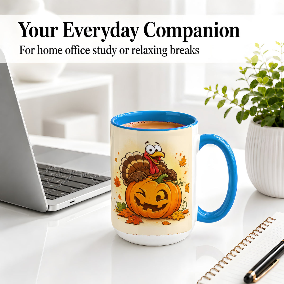 #pl[15oz|Blue] Turkey Pumpkin Accent Mug, Ceramic Mug with Jack-O-Lantern Artwork