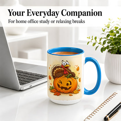 #pl[15oz|Blue] Turkey Pumpkin Accent Mug, Ceramic Mug with Jack-O-Lantern Artwork