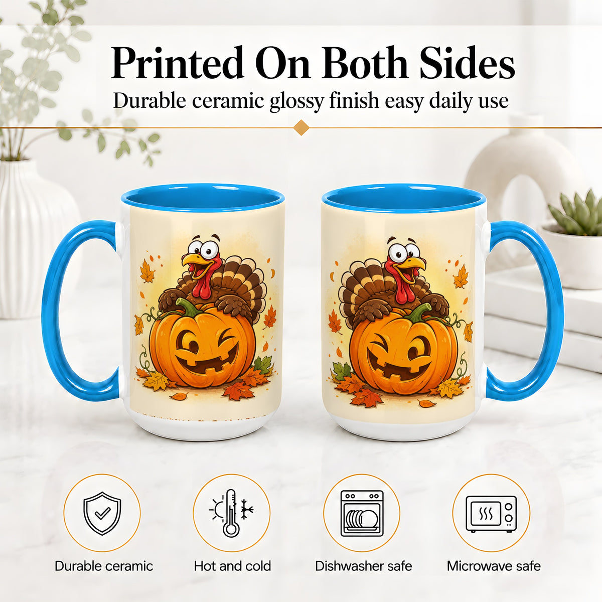 #pl[15oz|Blue] Turkey Pumpkin Accent Mug, Ceramic Mug with Jack-O-Lantern Artwork