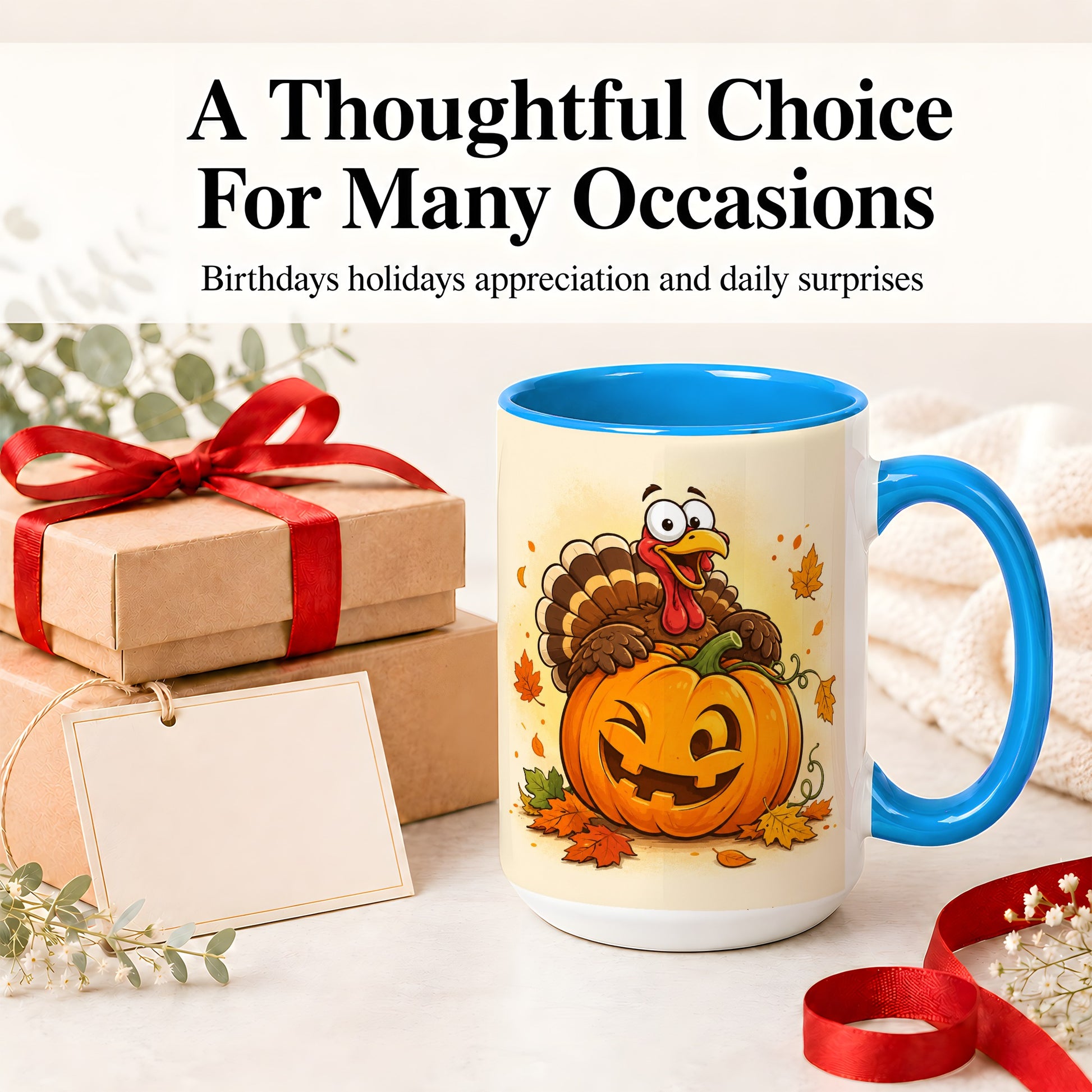 #pl[15oz|Blue] Turkey Pumpkin Accent Mug, Ceramic Mug with Jack-O-Lantern Artwork