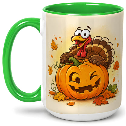 #pl[15oz|Green] Turkey Pumpkin Accent Mug, Ceramic Mug with Jack-O-Lantern Artwork