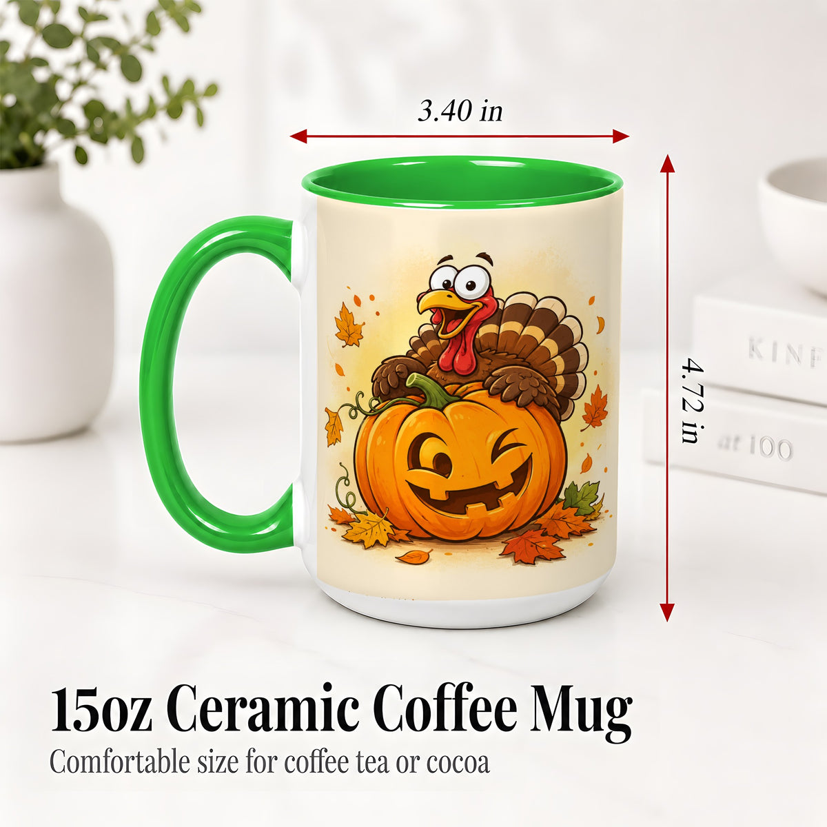 #pl[15oz|Green] Turkey Pumpkin Accent Mug, Ceramic Mug with Jack-O-Lantern Artwork