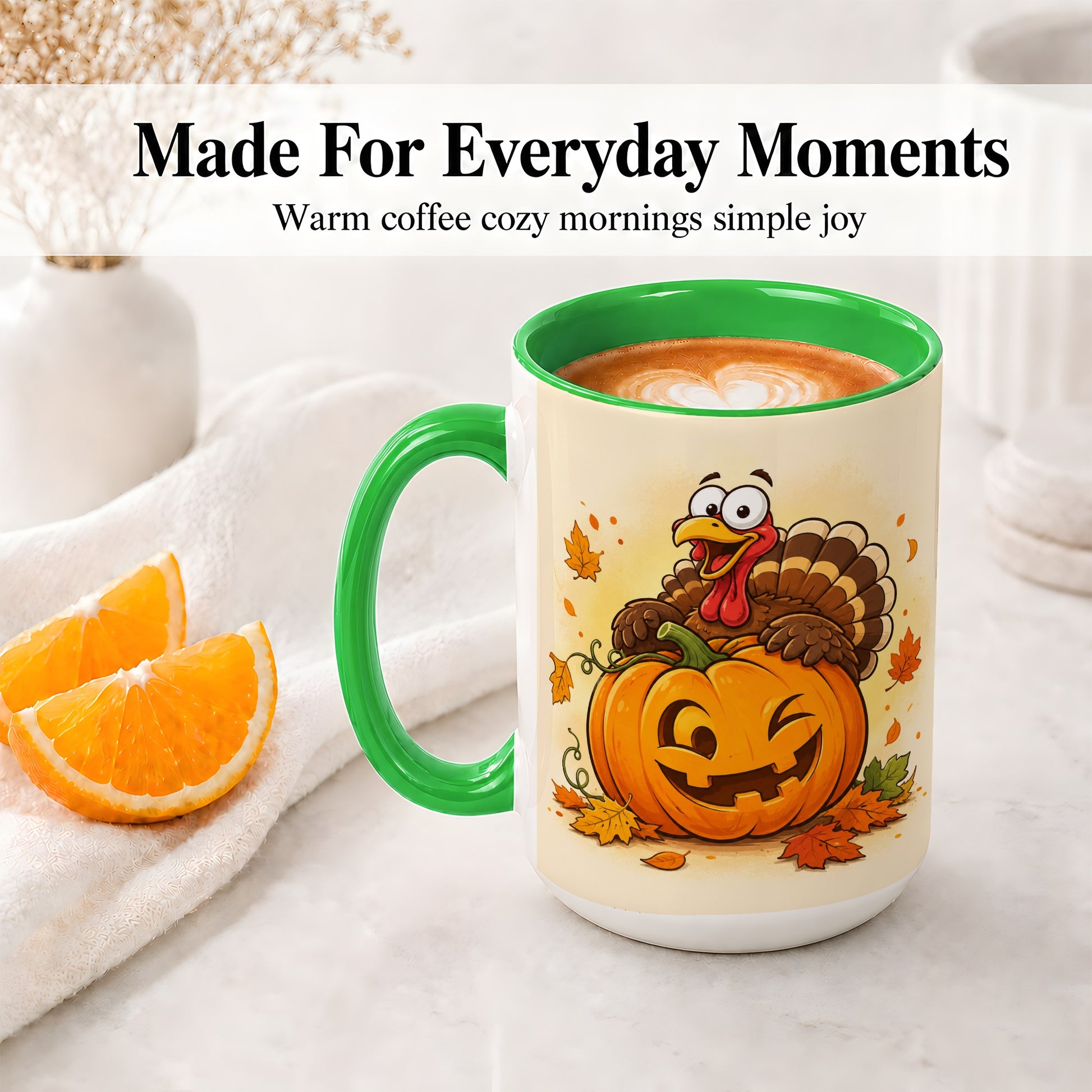 #pl[15oz|Green] Turkey Pumpkin Accent Mug, Ceramic Mug with Jack-O-Lantern Artwork