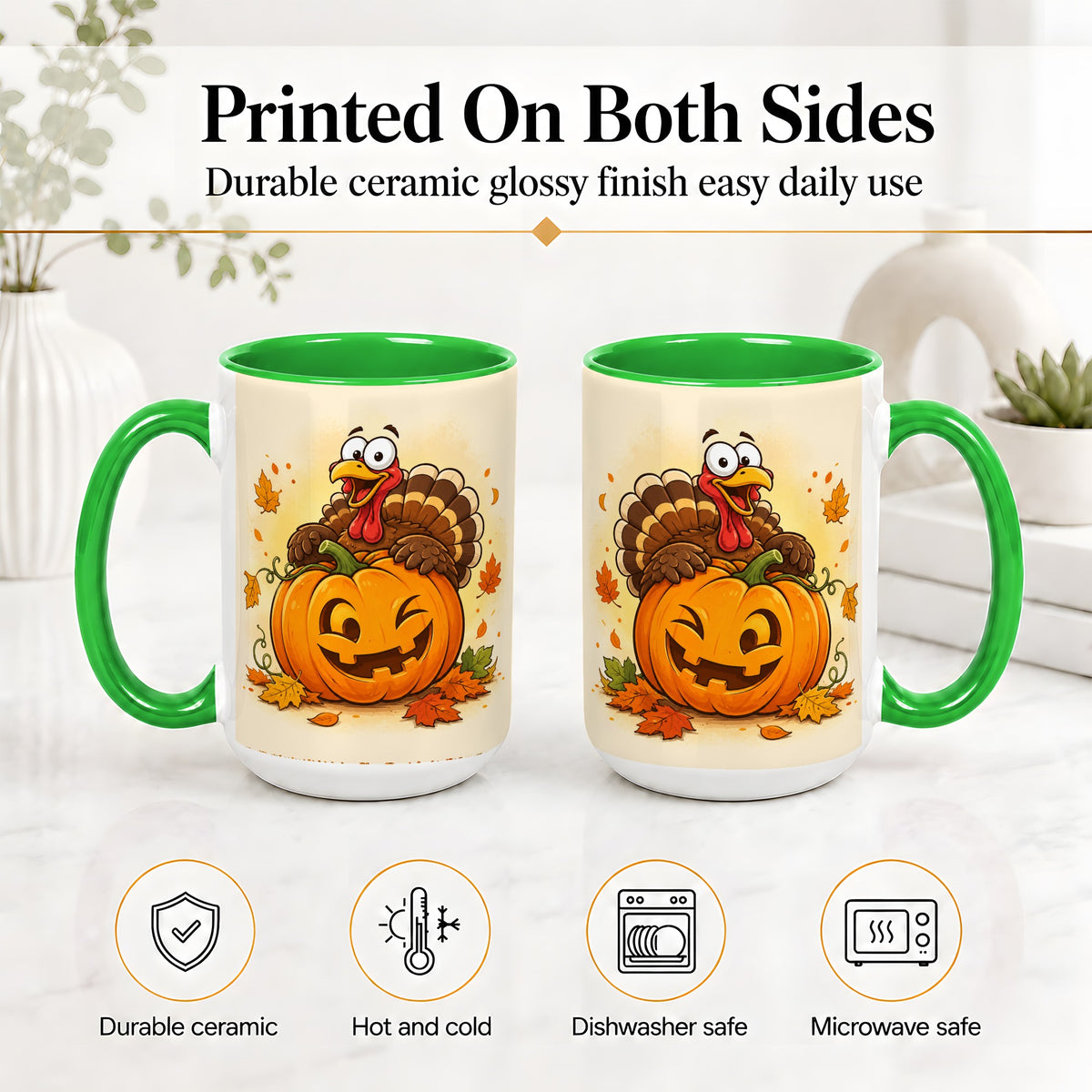 #pl[15oz|Green] Turkey Pumpkin Accent Mug, Ceramic Mug with Jack-O-Lantern Artwork