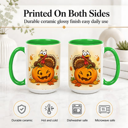 #pl[15oz|Green] Turkey Pumpkin Accent Mug, Ceramic Mug with Jack-O-Lantern Artwork