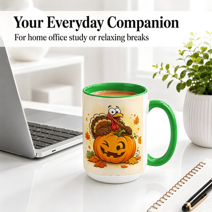 #pl[15oz|Green] Turkey Pumpkin Accent Mug, Ceramic Mug with Jack-O-Lantern Artwork