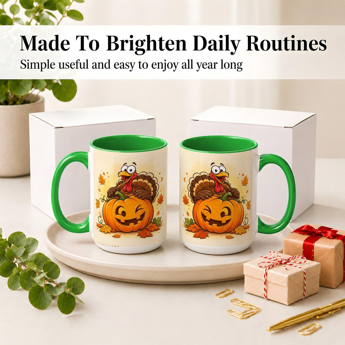 #pl[15oz|Green] Turkey Pumpkin Accent Mug, Ceramic Mug with Jack-O-Lantern Artwork