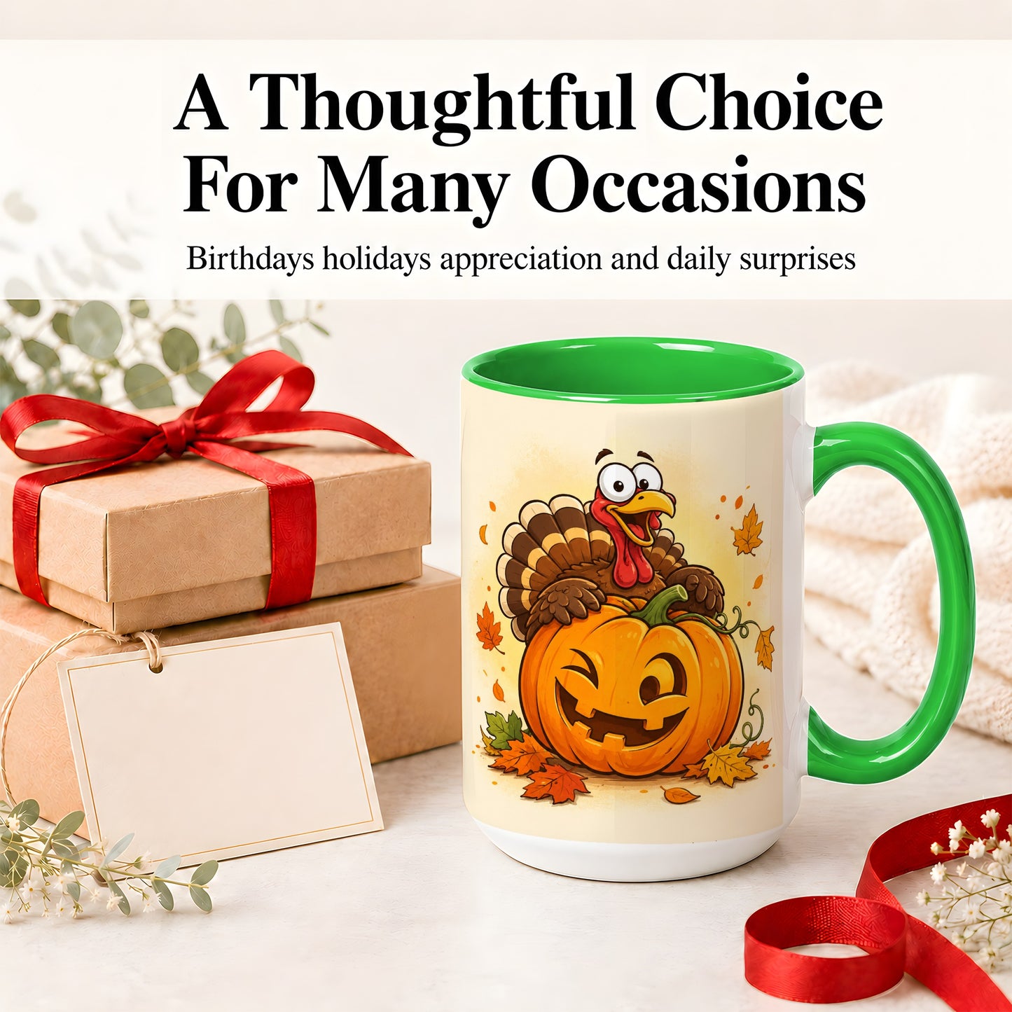 #pl[15oz|Green] Turkey Pumpkin Accent Mug, Ceramic Mug with Jack-O-Lantern Artwork