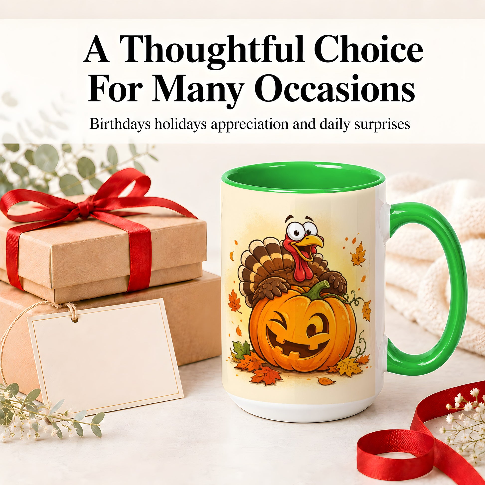 #pl[15oz|Green] Turkey Pumpkin Accent Mug, Ceramic Mug with Jack-O-Lantern Artwork