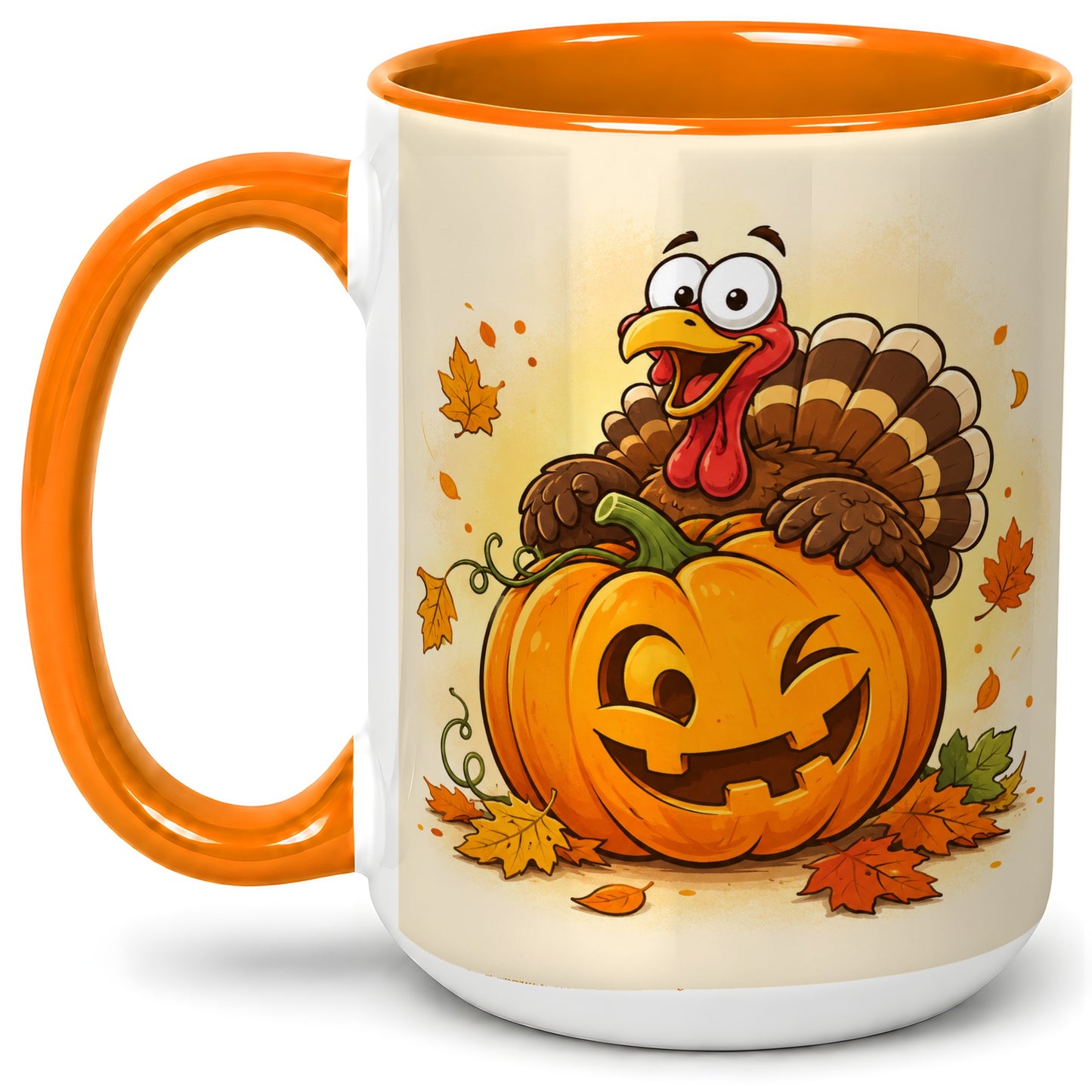 #pl[15oz|Orange] Turkey Pumpkin Accent Mug, Ceramic Mug with Jack-O-Lantern Artwork