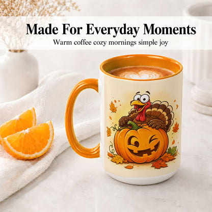#pl[15oz|Orange] Turkey Pumpkin Accent Mug, Ceramic Mug with Jack-O-Lantern Artwork