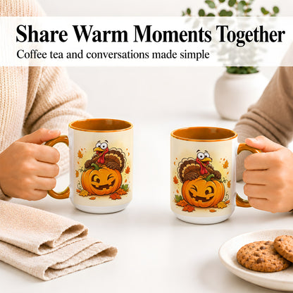 #pl[15oz|Orange] Turkey Pumpkin Accent Mug, Ceramic Mug with Jack-O-Lantern Artwork
